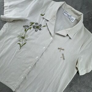 Sarah Bentley Striped Embroidered Dragonfly Flower Short Sleeve Button Shirt L